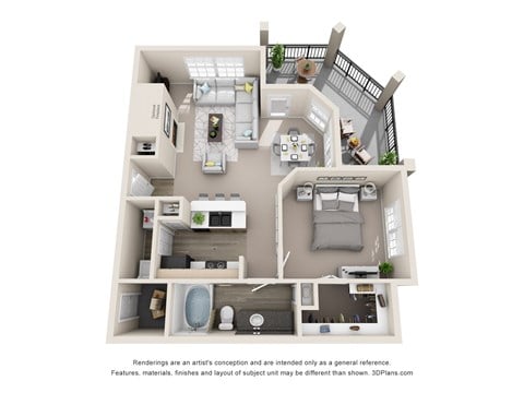 Floor plan for 1 bed, 1 bath, 769 sqft